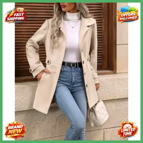 Womens Wool Blend Pea Coat Notched Lapel Button Front Casual Overcoat